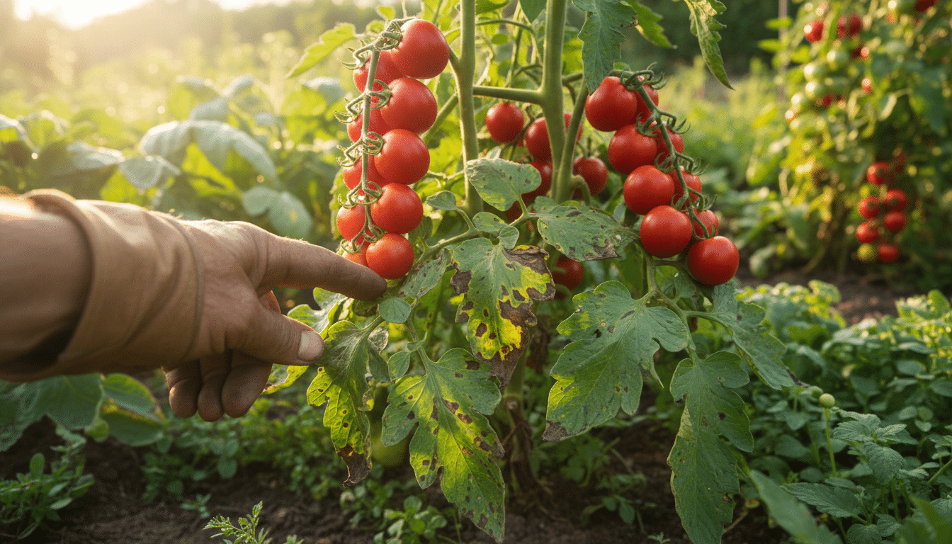 Feuilles de tomates touchées par le mildiou au potager