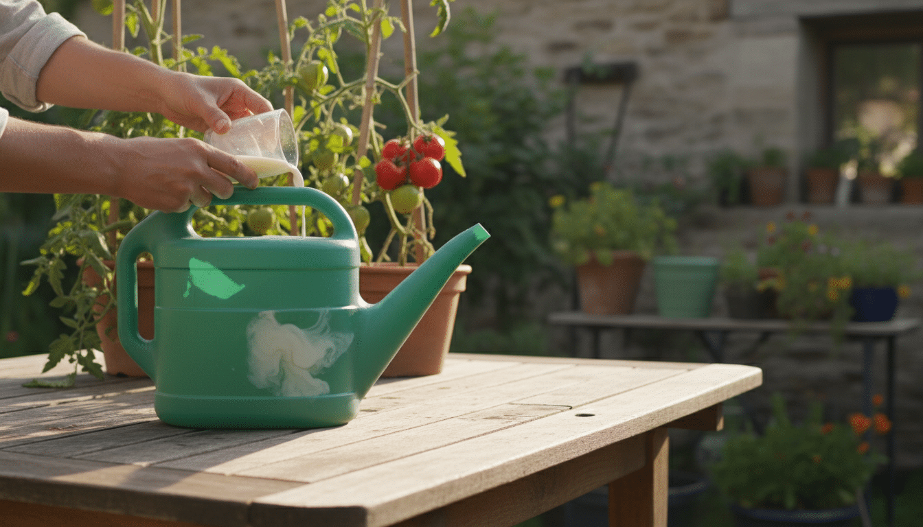 Verser du lait dans un arrosoir pour traiter les tomates
