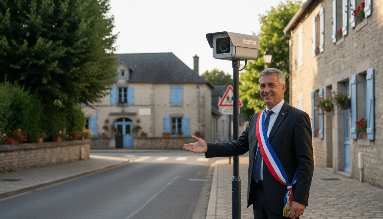Maire devant un radar automatique dans un village français