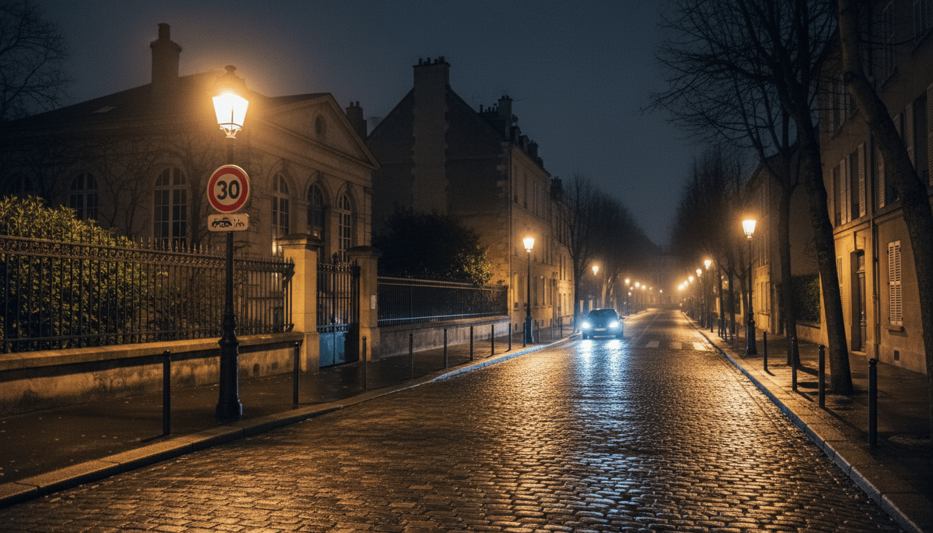 Rue résidentielle française la nuit avec panneau zone 30