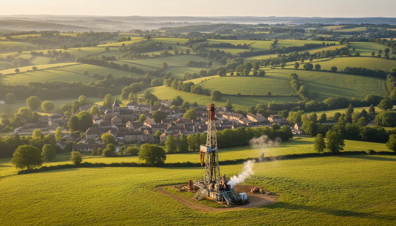 Paysage du Limousin avec une foreuse dans un champ