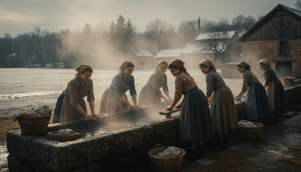 Des femmes lavant le linge à la main dans un lavoir ancien.