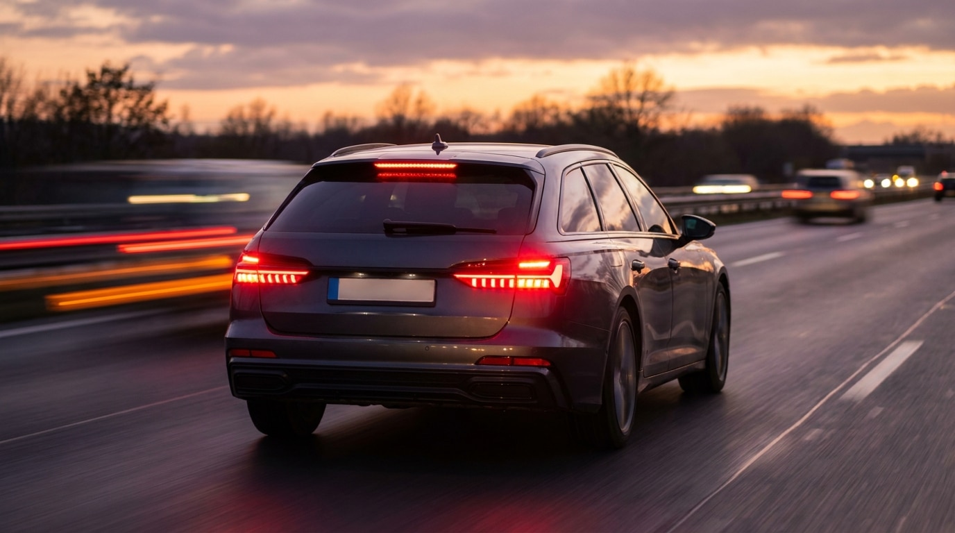 Feux stop clignotants d'une voiture sur autoroute au crépuscule