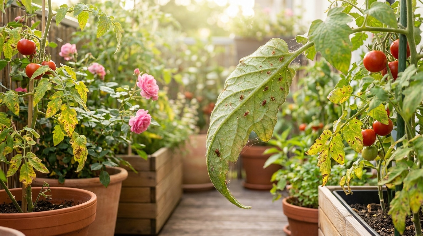 Feuilles jaunies d'un plant de tomate envahi par des acariens