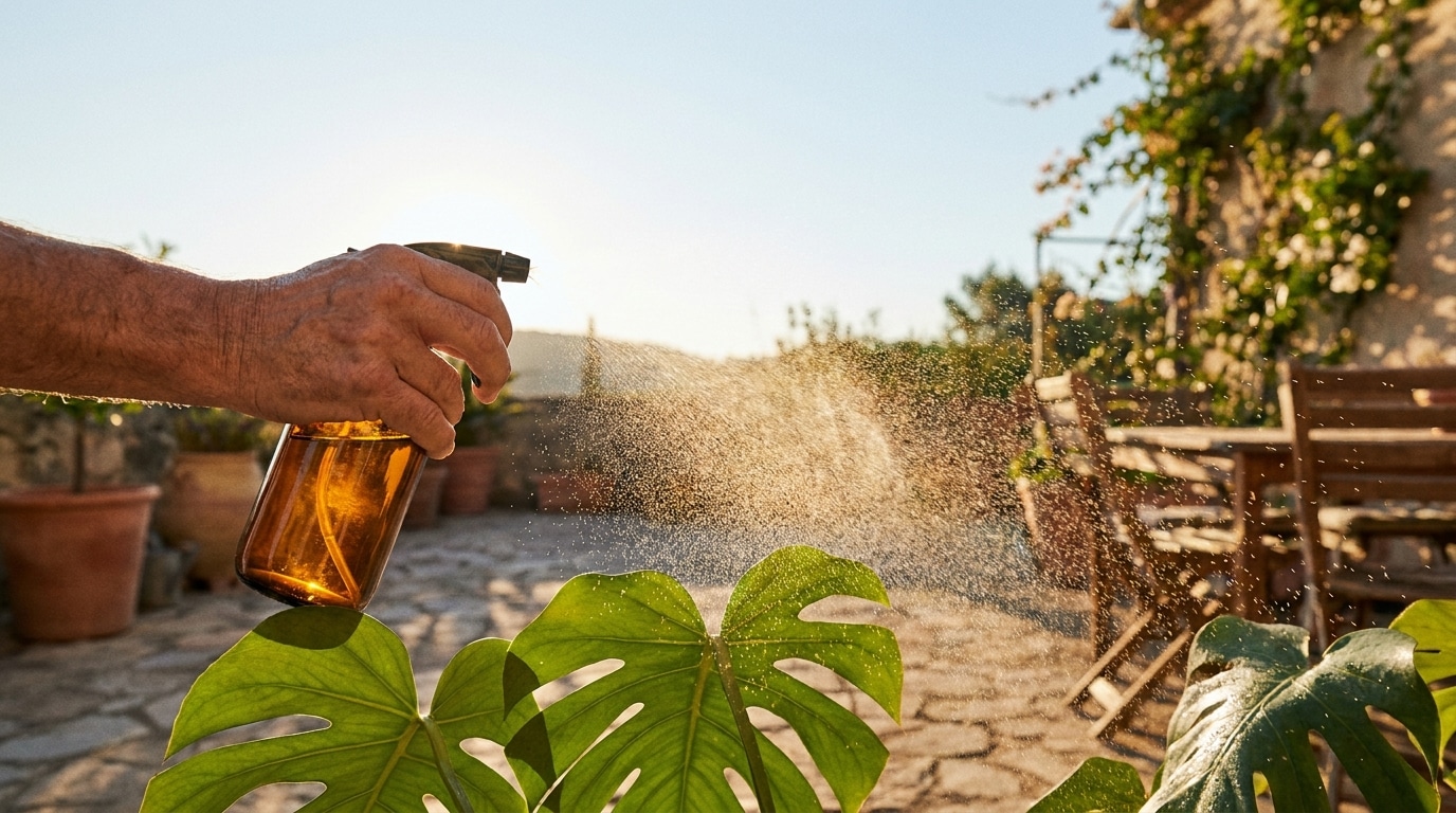 Brumisation matinale sur le feuillage d'une plante de balcon