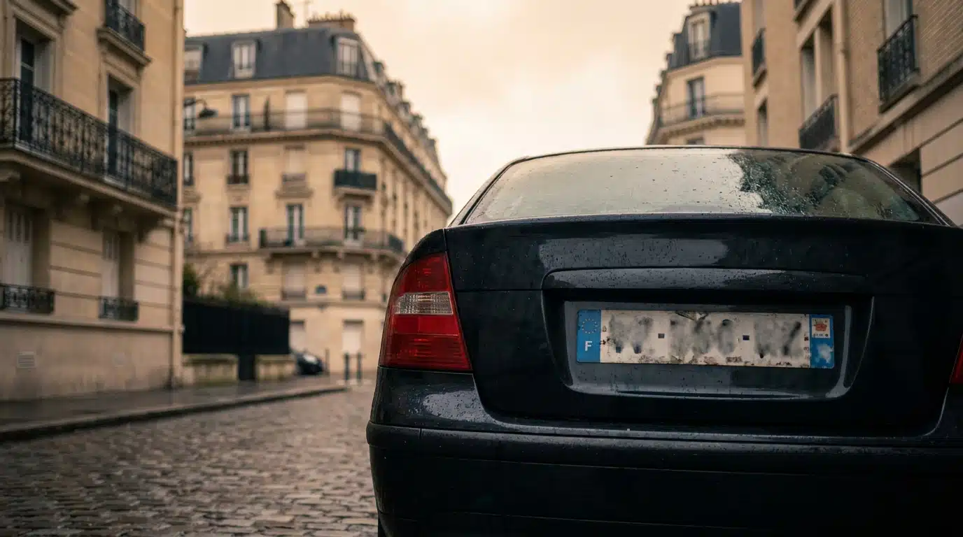 Plaque d'immatriculation sur une voiture garée à Nanterre