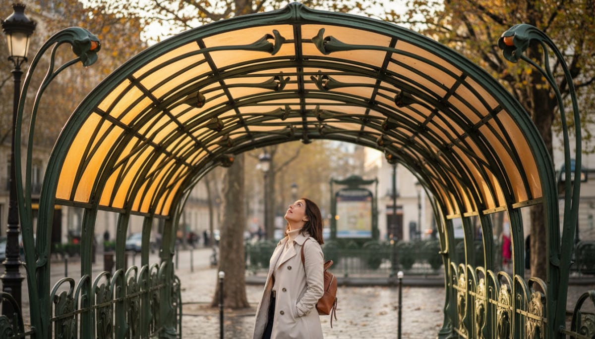 Détail des courbes végétales en fonte d'une bouche de métro Guimard