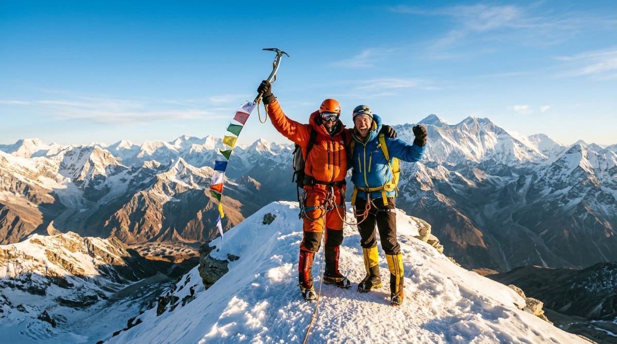 Deux alpinistes au sommet de l'Everest en 1953