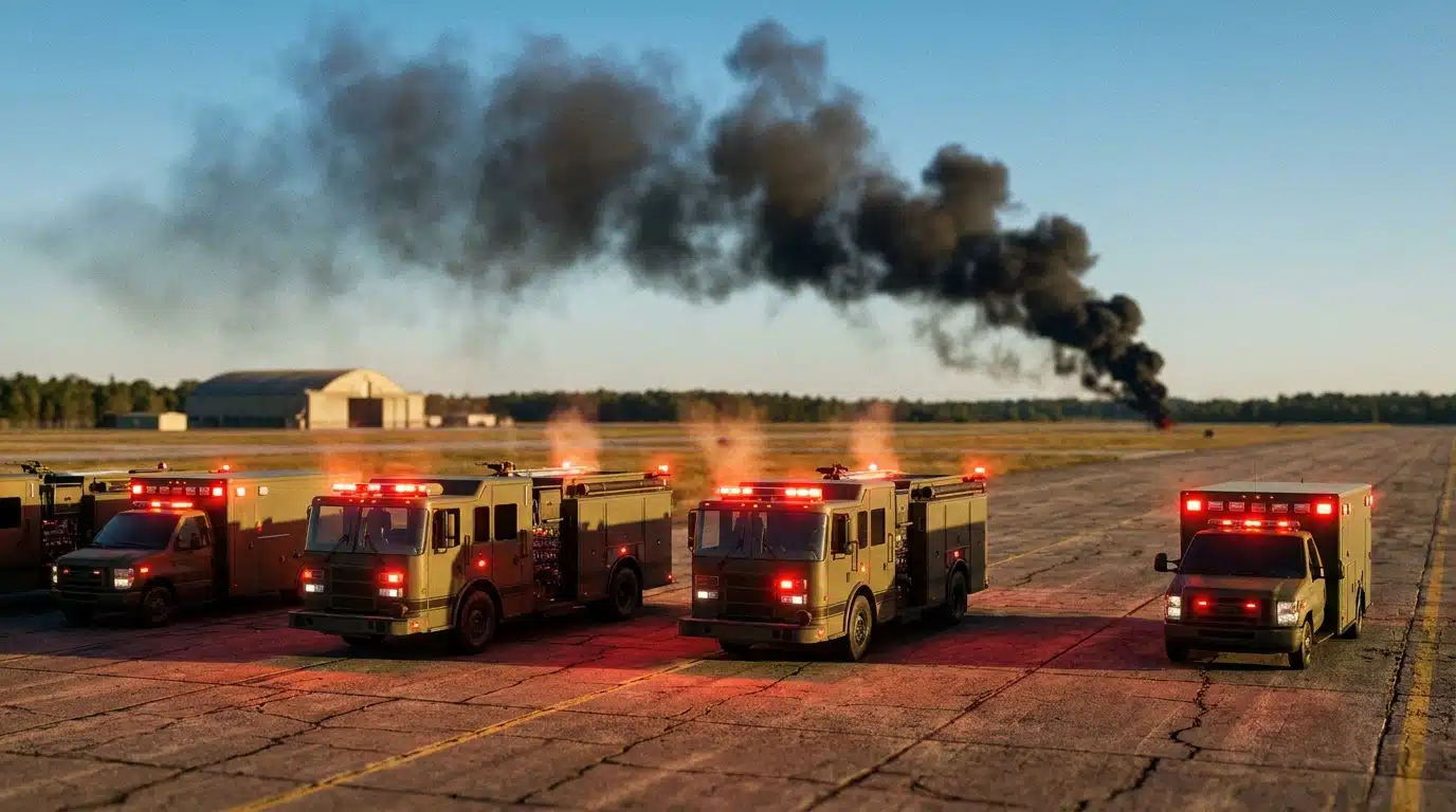 Véhicules de secours sur une base aérienne avec fumée noire au loin