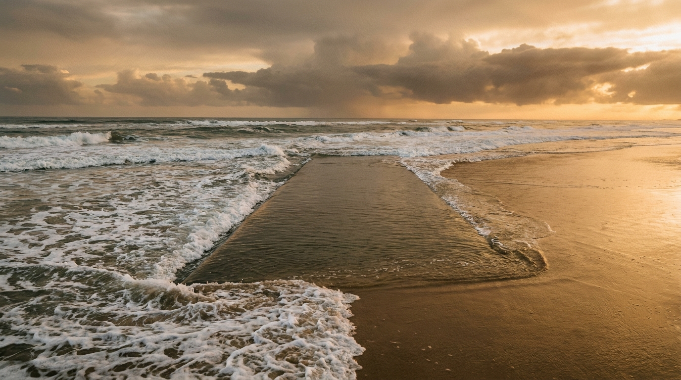 Courant de baïne visible entre les vagues sur plage atlantique