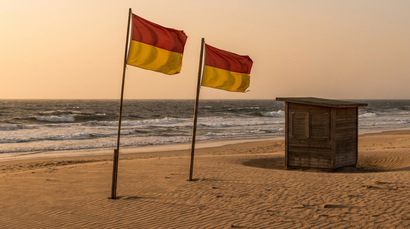 Drapeaux de sécurité sur une plage girondine déserte