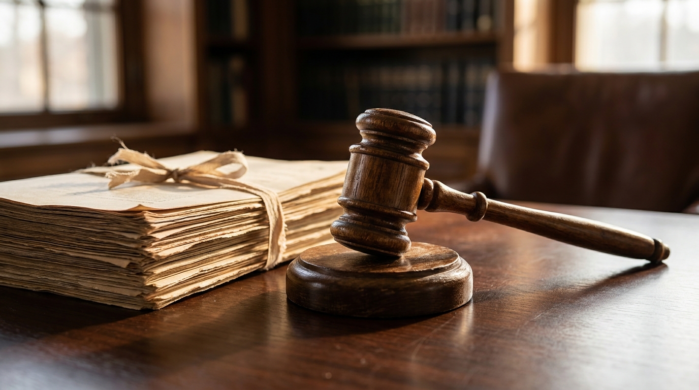 Marteau de justice posé sur un bureau de tribunal