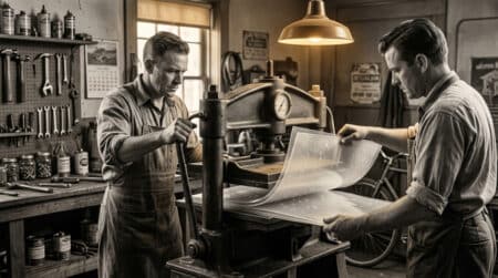 Deux inventeurs fabriquant du papier bulle dans un garage
