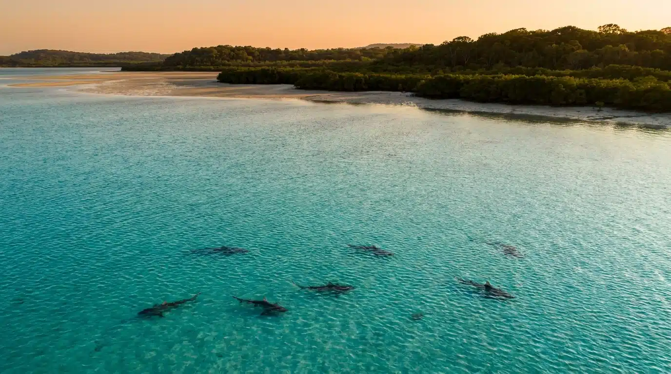 Banc de sable australien vu du ciel avec silhouettes de requins