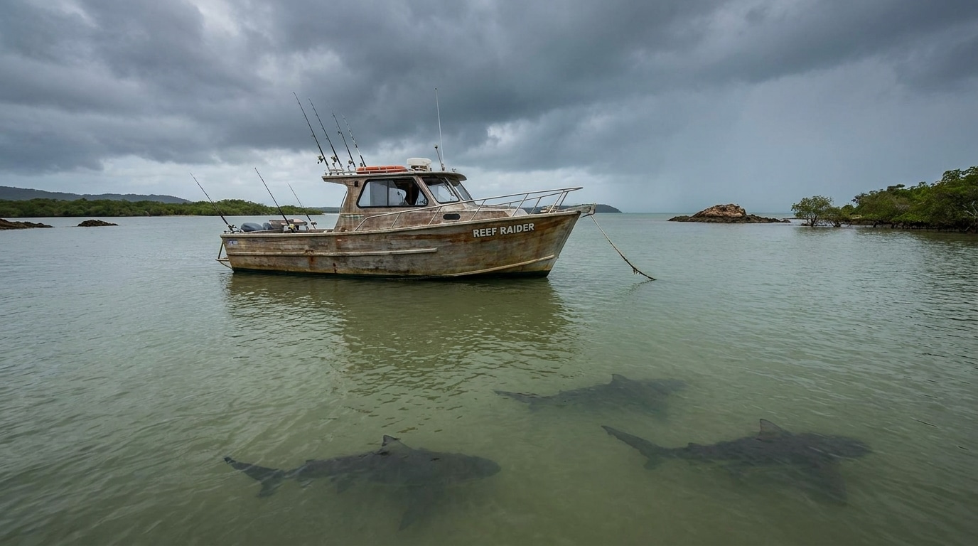 Bateau de pêche en eaux troubles avec ombres de requins