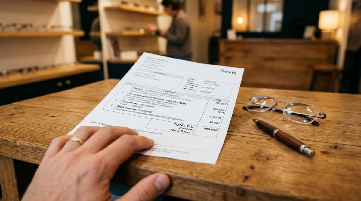 Devis normalisé opticien posé sur un bureau avec des verres