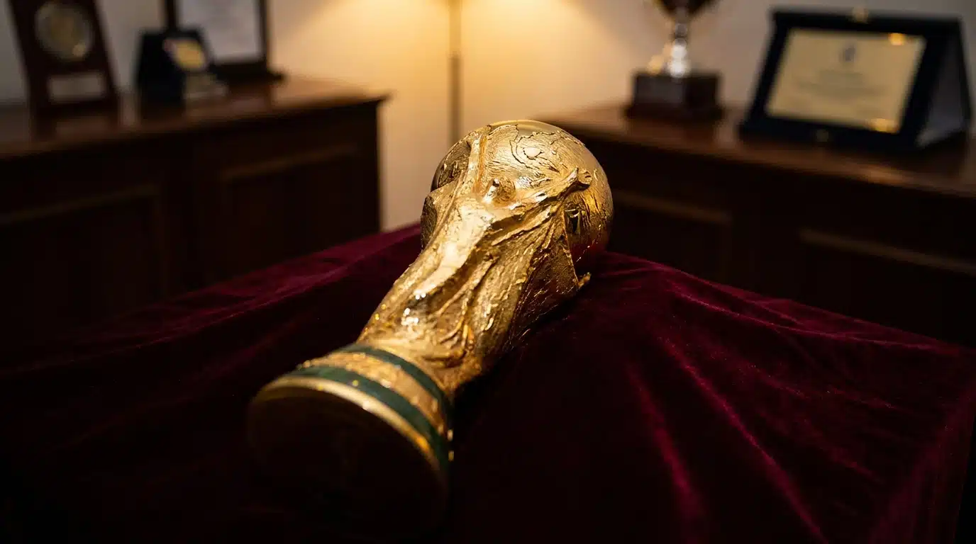 Trophée doré de Coupe du monde sous un éclairage chaleureux