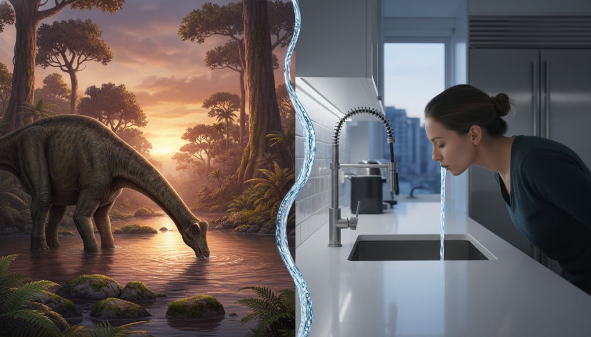 Dinosaure et humain buvant la même eau à travers le temps