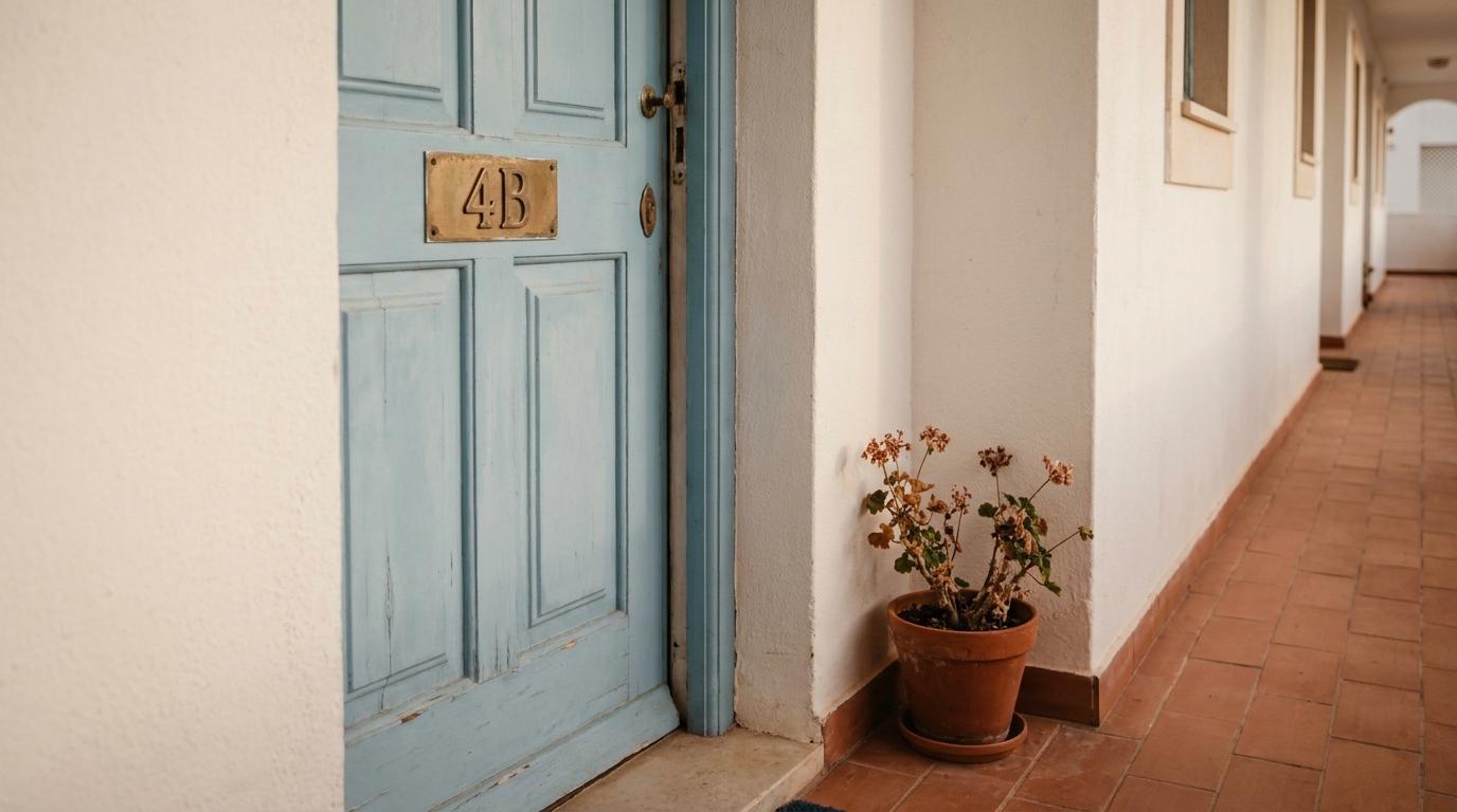 Porte entrouverte d'un appartement dans un complexe hôtelier portugais
