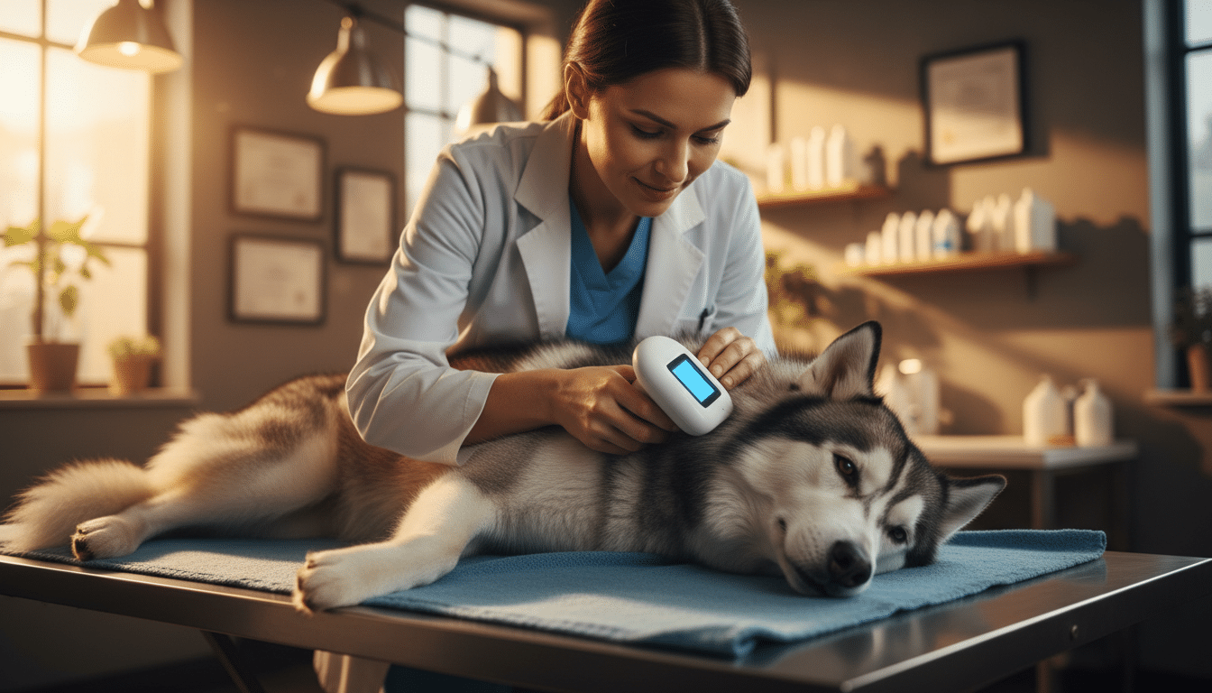 Vétérinaire scannant la micropuce d'un chien au refuge
