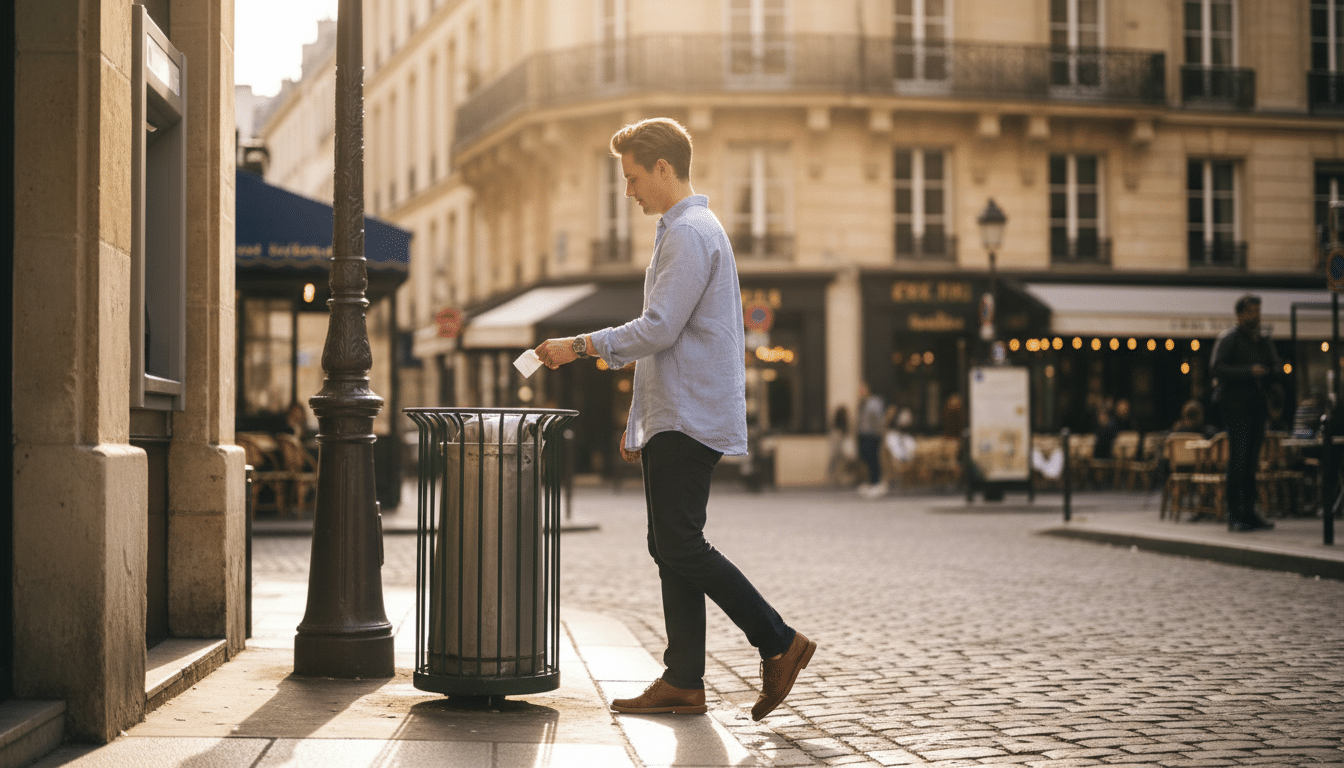 Personne jetant un ticket de retrait dans une poubelle publique