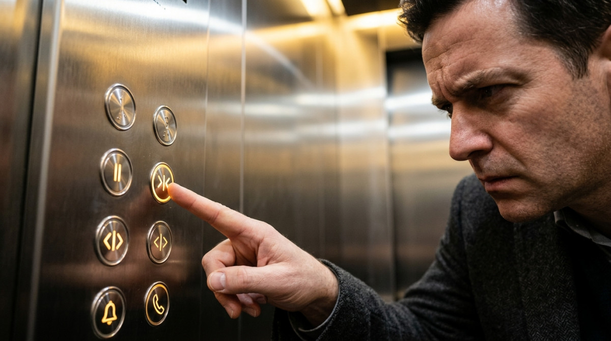 Doigt appuyant sur le bouton fermer portes dans un ascenseur
