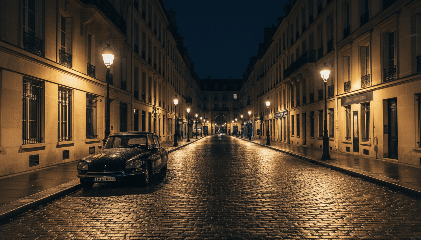 Rue de Paris la nuit avec une voiture garée sur les pavés mouillés