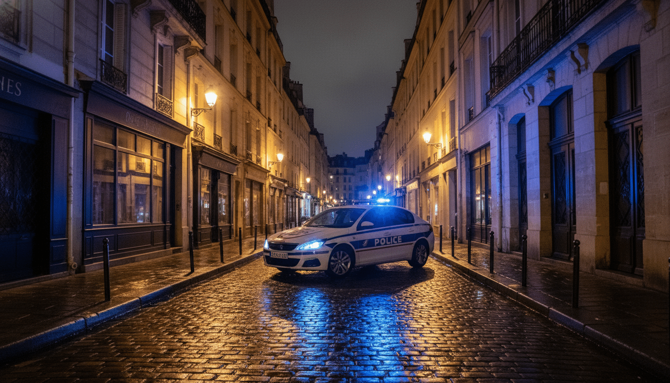 Voiture de police patrouillant dans une rue parisienne nocturne