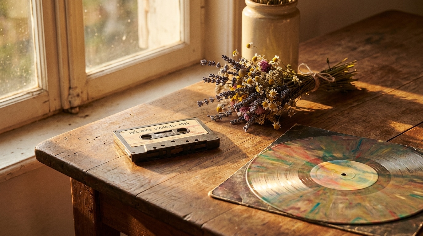 Cassette audio vintage et vinyle coloré sur une table en bois