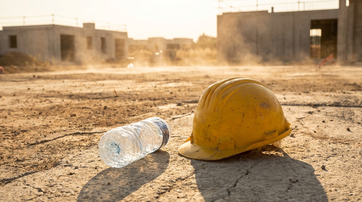 Casque de chantier et bouteille d'eau vide posés sur du béton brûlant