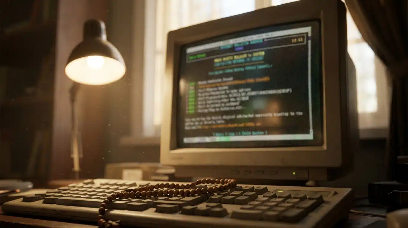 Écran d'ordinateur affichant un forum internet avec un chapelet sur le clavier