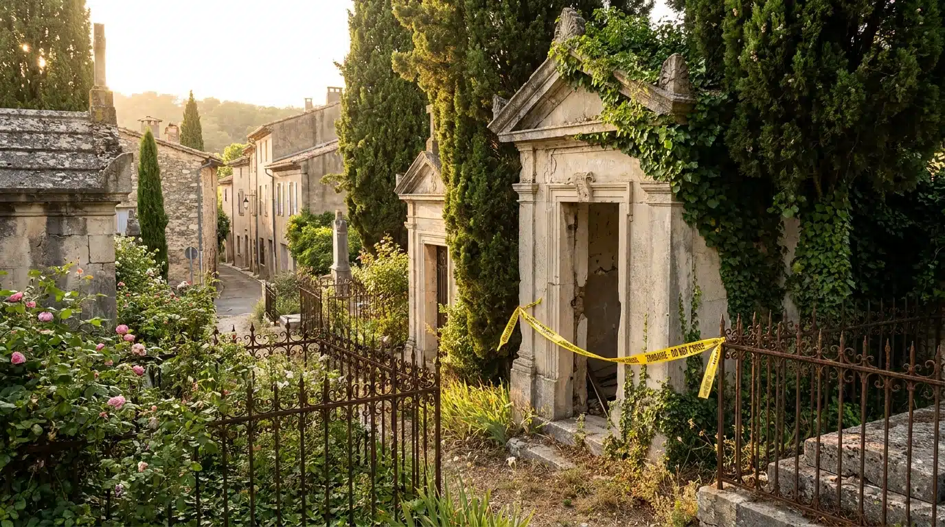 Cimetière provençal avec caveaux anciens et végétation