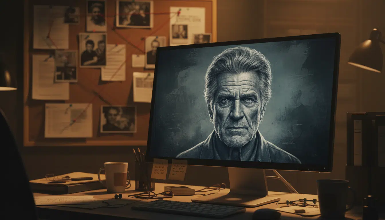 Portrait vieilli par intelligence artificielle sur un écran d'enquête