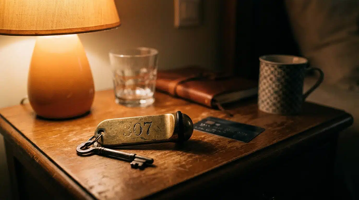 Clé d'hôtel et carte bancaire sur une table de nuit