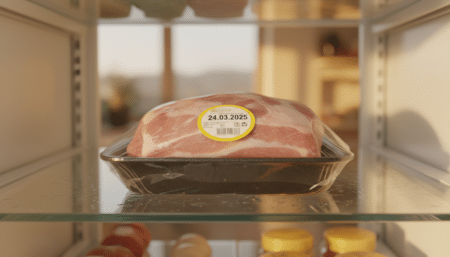 Barquette de rôti de porc avec étiquette DLC en réfrigérateur