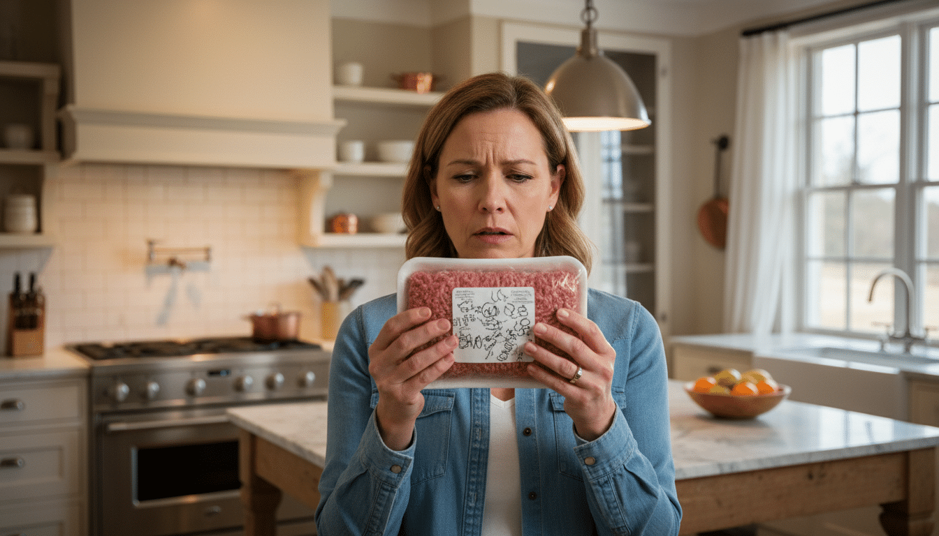 Femme inquiète vérifiant la date sur un emballage de viande