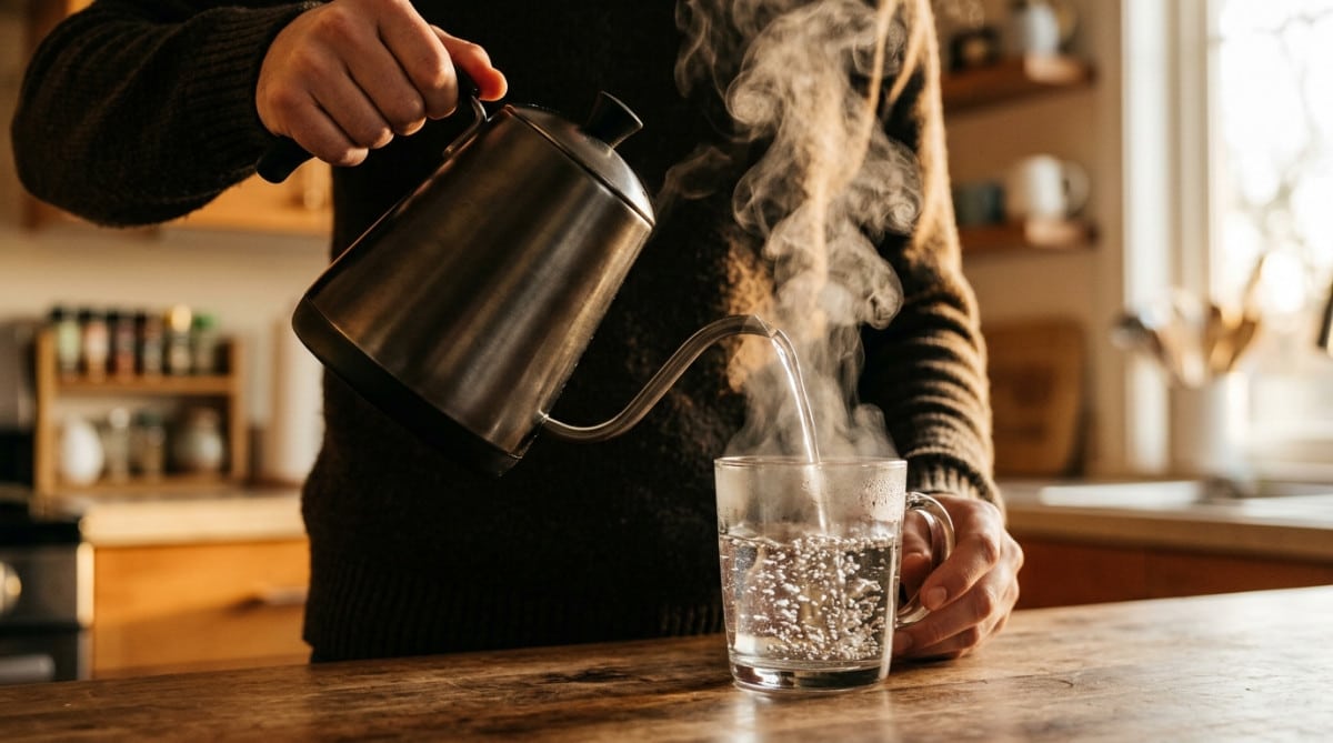 Eau chaude versée dans un verre avec bulles et vapeur