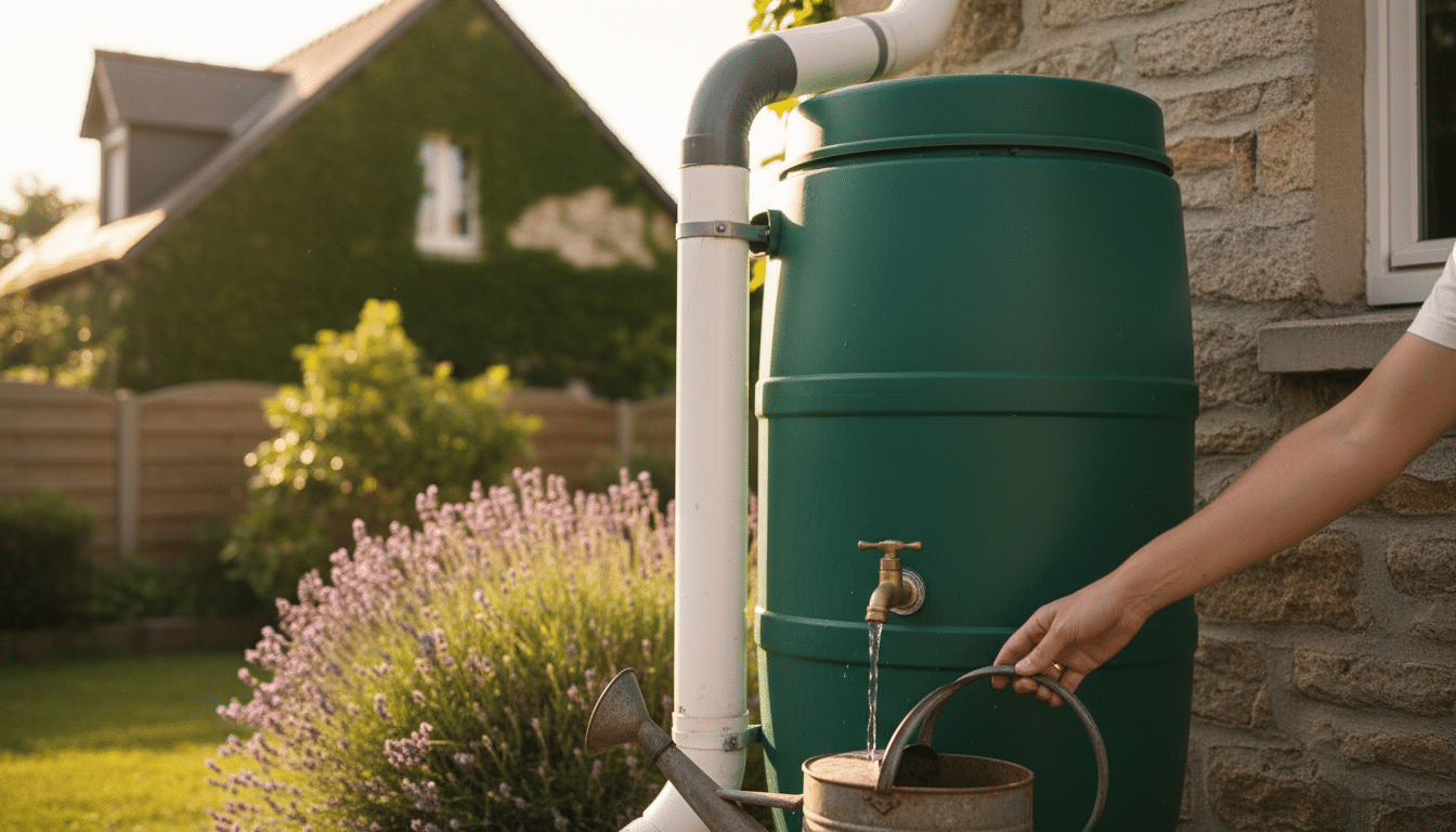 Cuve de récupération d'eau de pluie dans un jardin