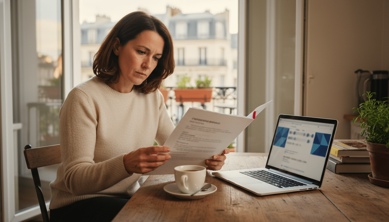 Femme lisant un document juridique sur le trouble de voisinage