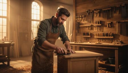 Ébéniste artisan ponçant un meuble en bois dans son atelier