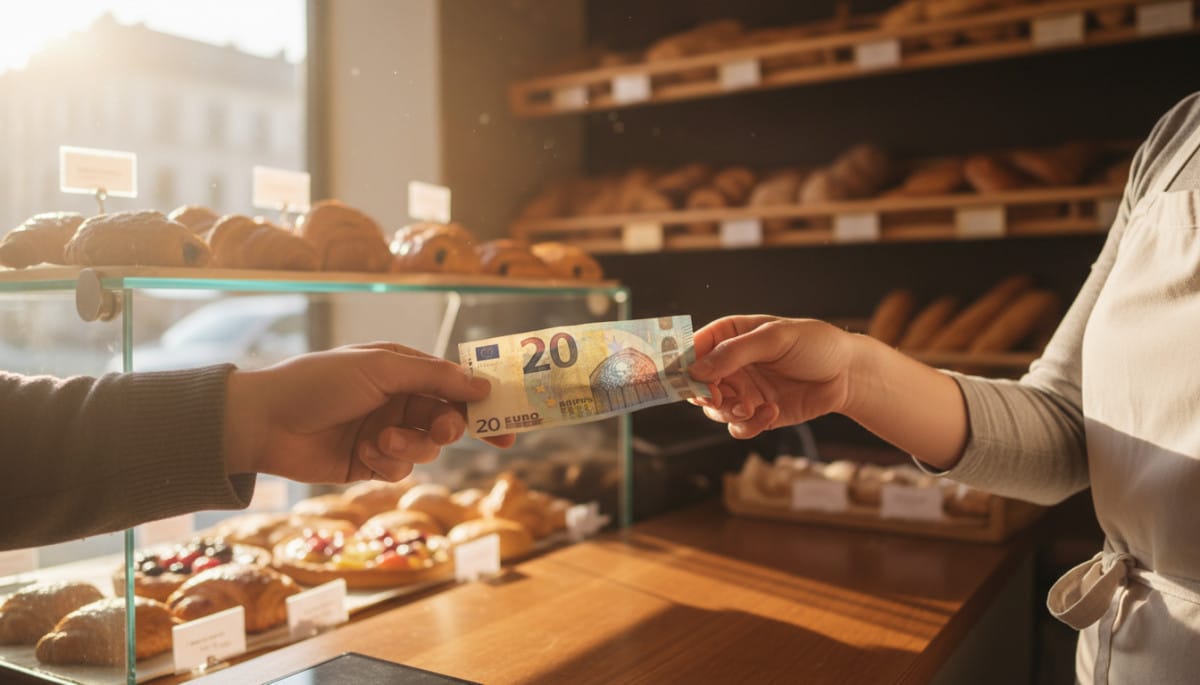 Échange d'un billet de 20 euros dans une boulangerie