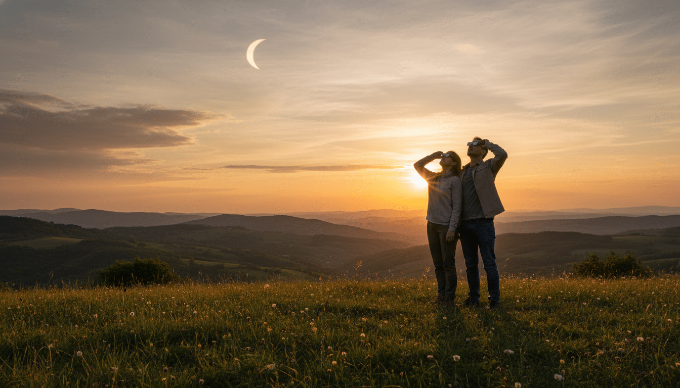 Couple observant l'éclipse partielle au crépuscule en France