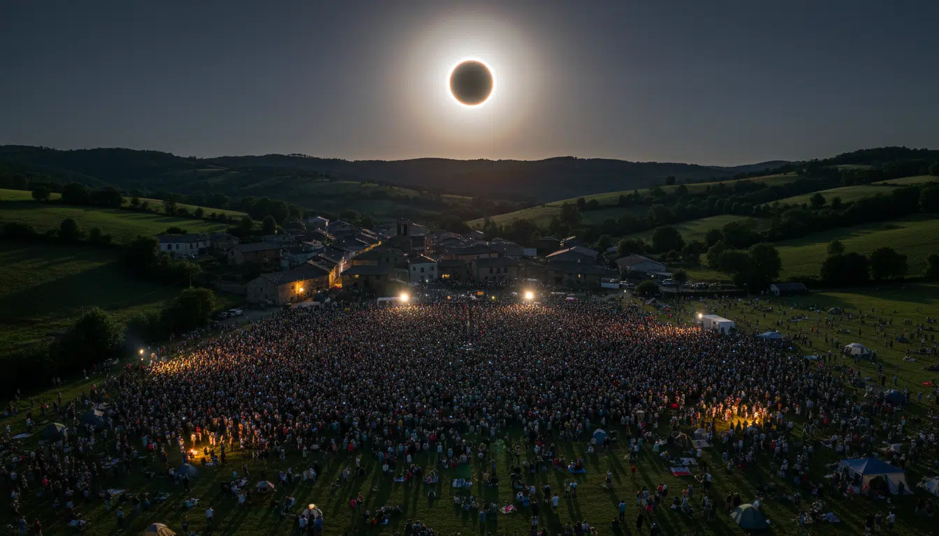 Foule dans un village espagnol pendant l'éclipse totale