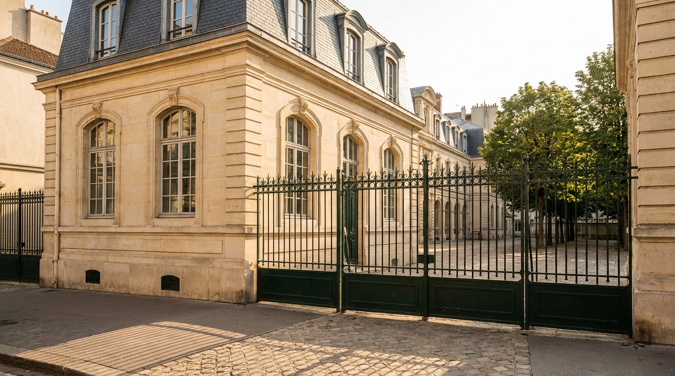 Façade d'une école maternelle parisienne avec grille fermée