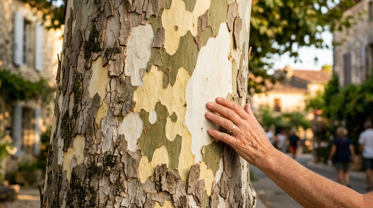 Écorce caractéristique d'un platane qui se détache en plaques