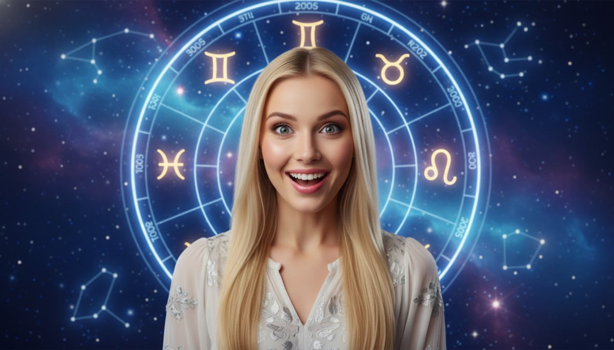 Editorial portrait photo of a young blonde woman with straight hair, looking at camera with amazed a