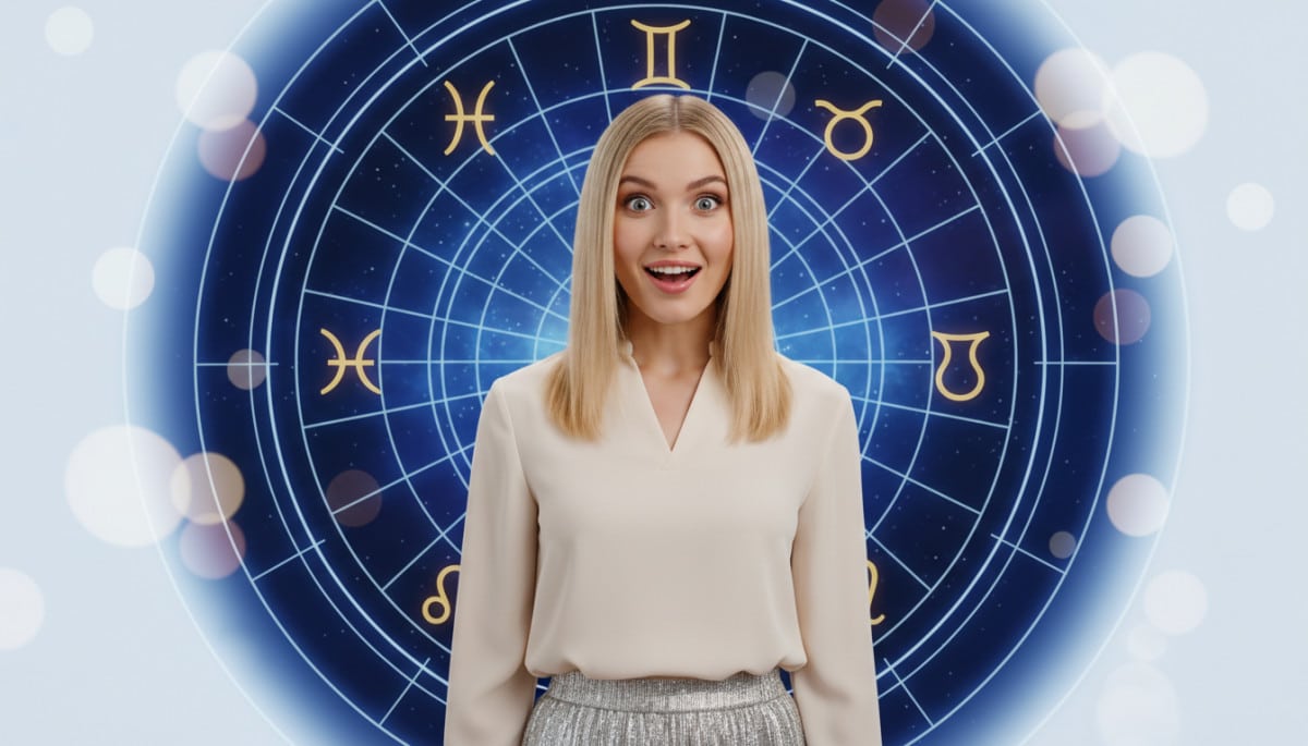 Editorial portrait photo of a young blonde woman with straight hair, looking at camera with amazed a