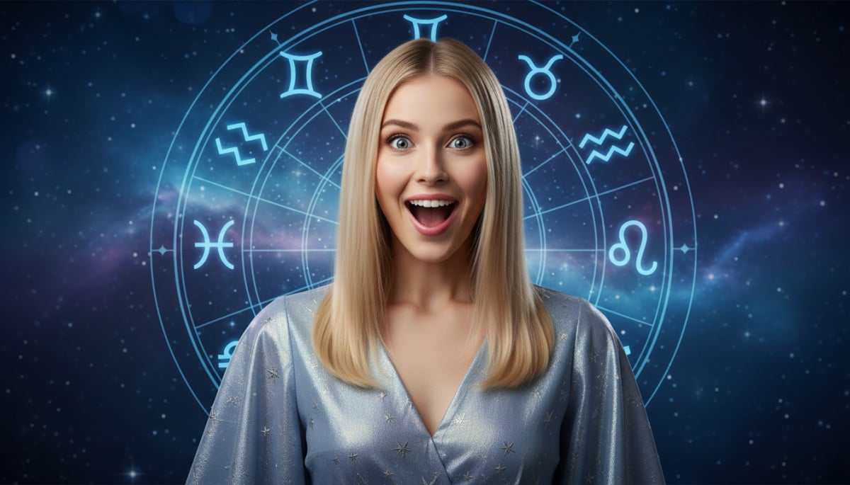 Editorial portrait photo of a young blonde woman with straight hair, looking at camera with amazed a