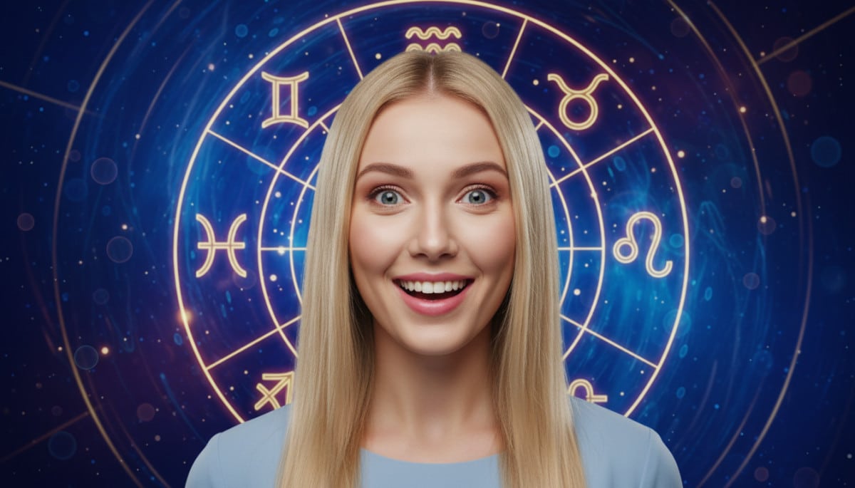 Editorial portrait photo of a young blonde woman with straight hair, looking at camera with amazed a