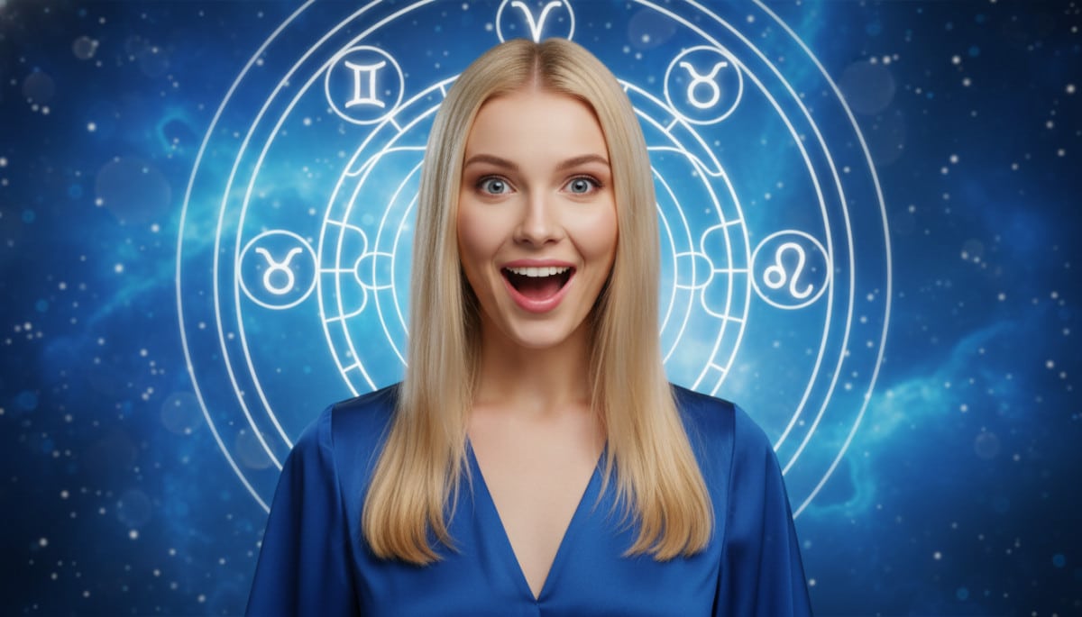 Editorial portrait photo of a young blonde woman with straight hair, looking at camera with amazed a